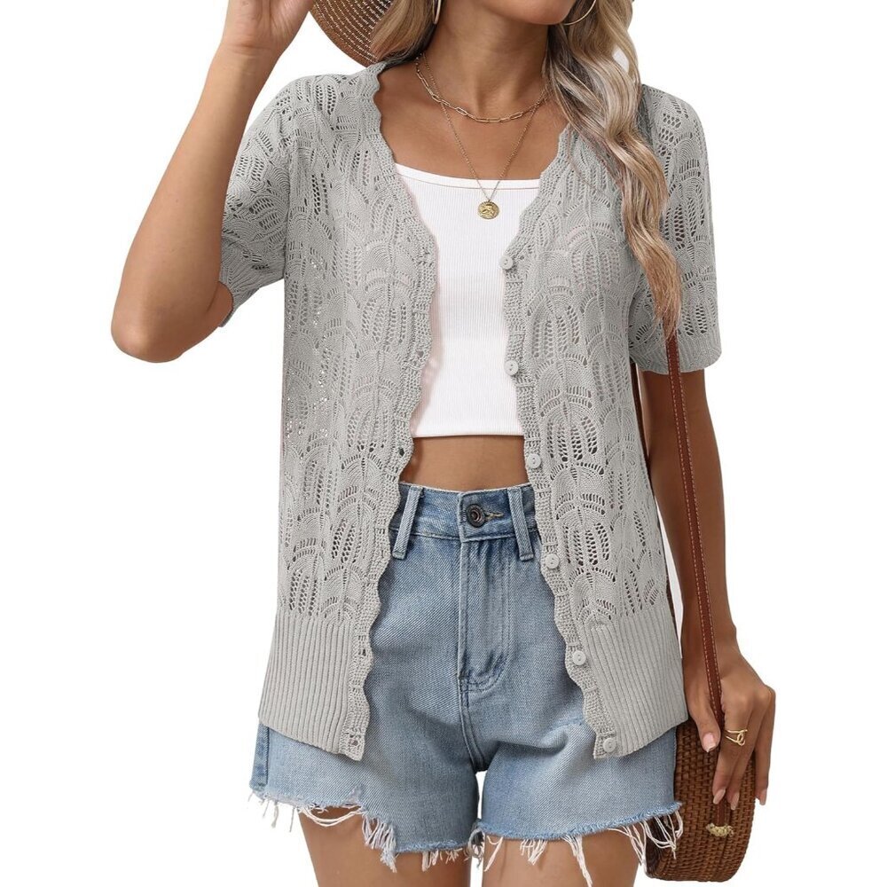 Women's Lightweight Crochet V-Neck Short Sleeve Cardigan for Summer